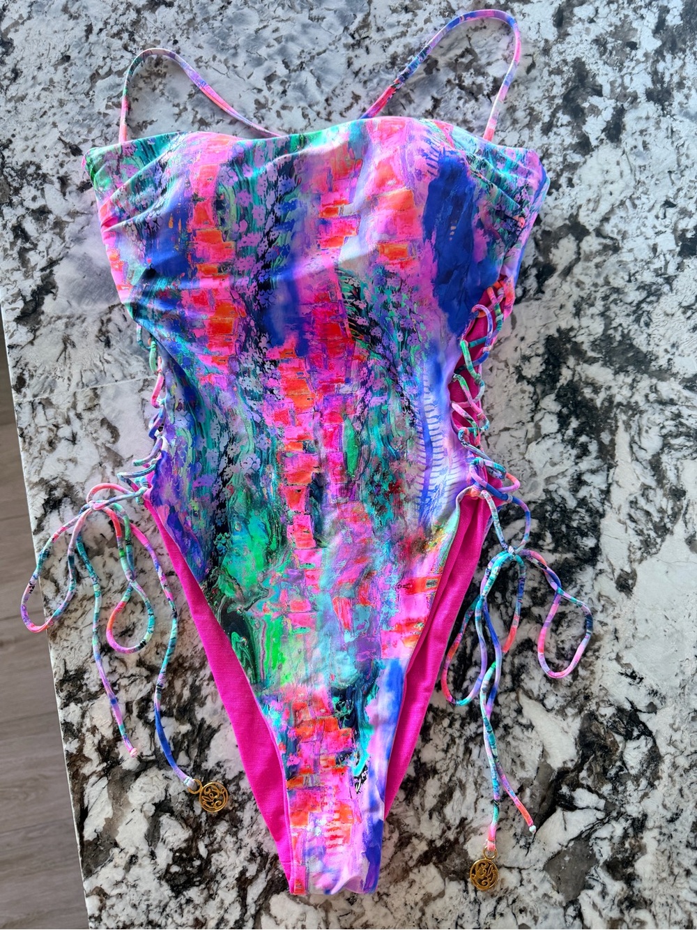 Luli Fama Neon Multi-Color One-Piece Swimsuit with Side Lace-Up